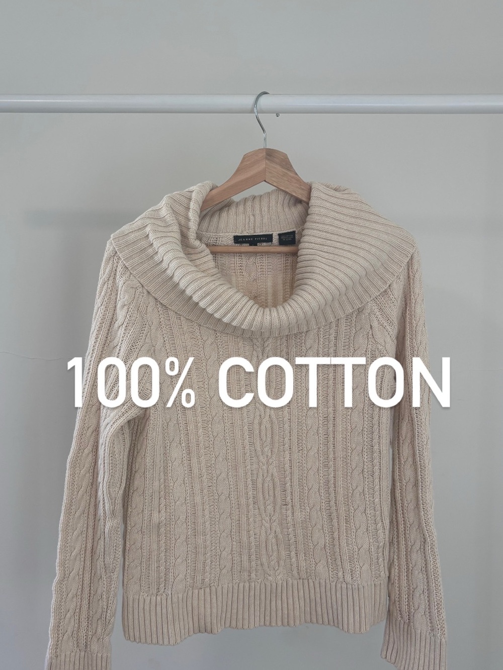 Jeanne Pierre Cable Knit Cowl Neck Sweater - Cream | 100% Cotton | L